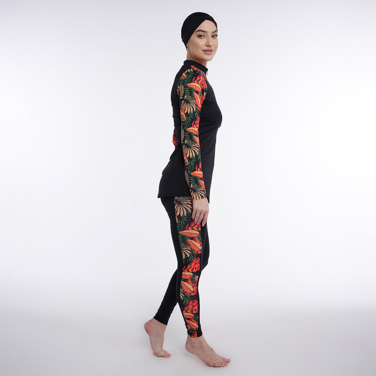 Two Piece Burkini - Black/Red Floral Pattern