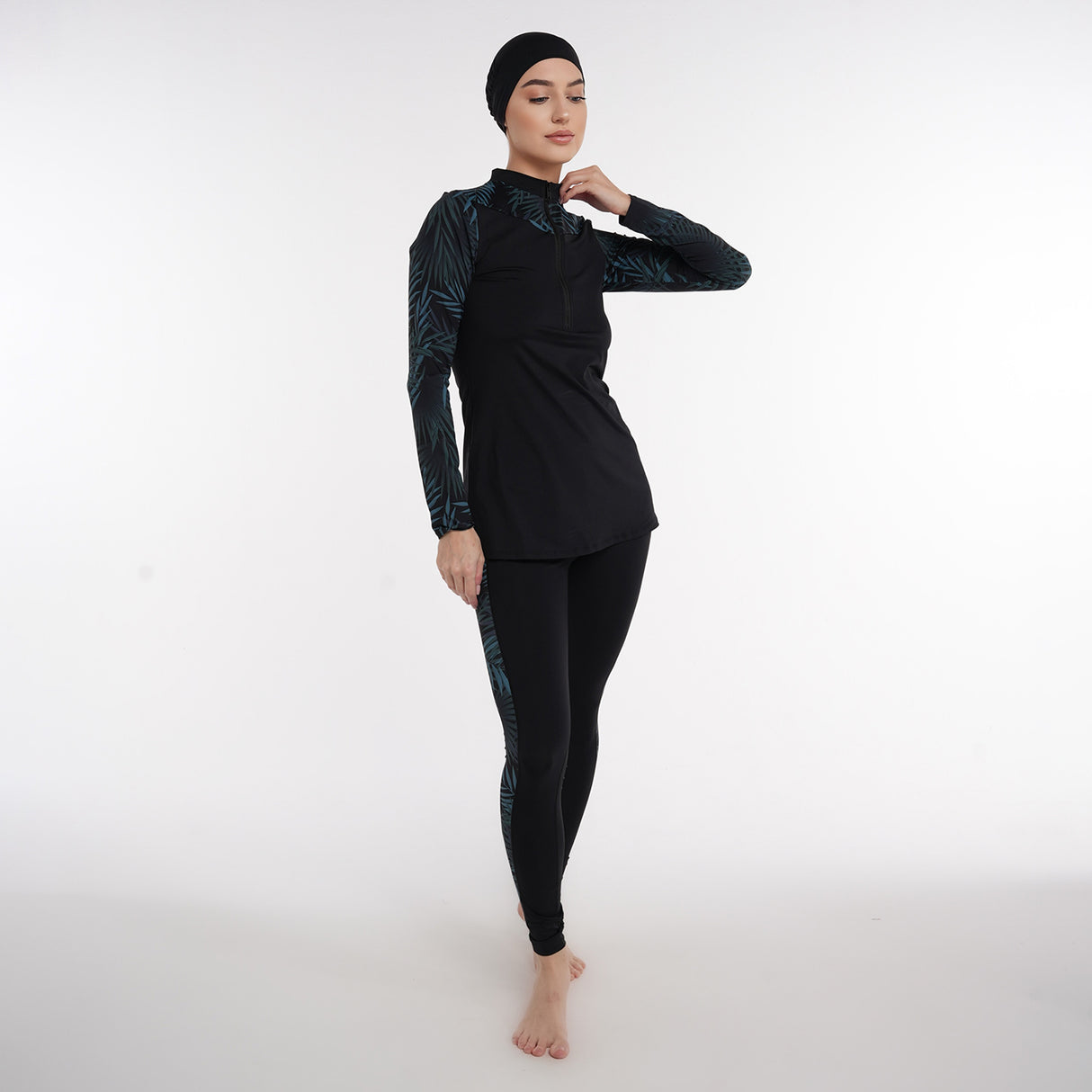 Two Piece Burkini - Black/Green Palm Pattern