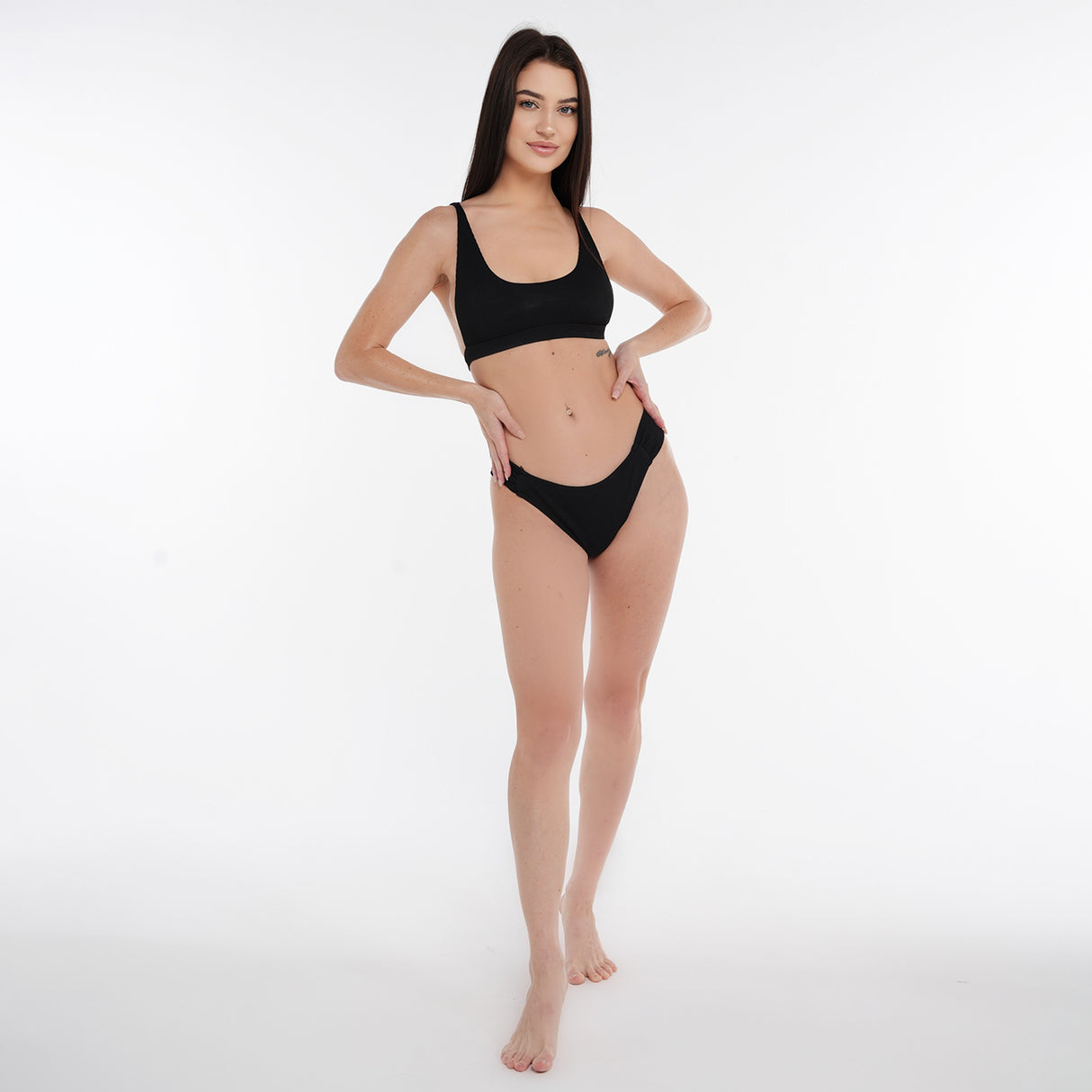 Crete Collection - Ribbed High Waist Band Bikini Bottoms - Black