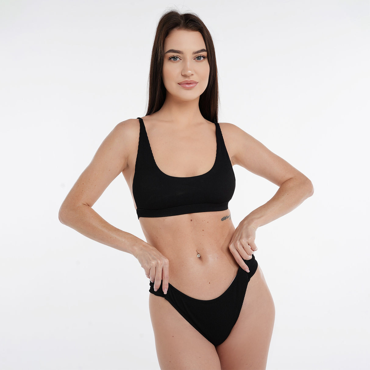 Crete Collection - Ribbed High Waist Band Bikini Bottoms - Black