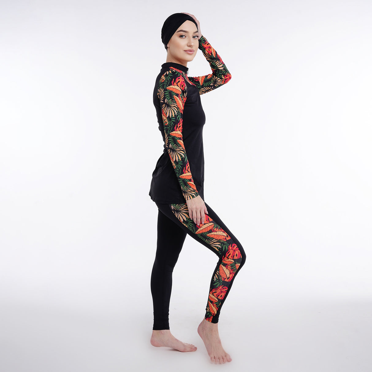 Two Piece Burkini - Black/Red Floral Pattern