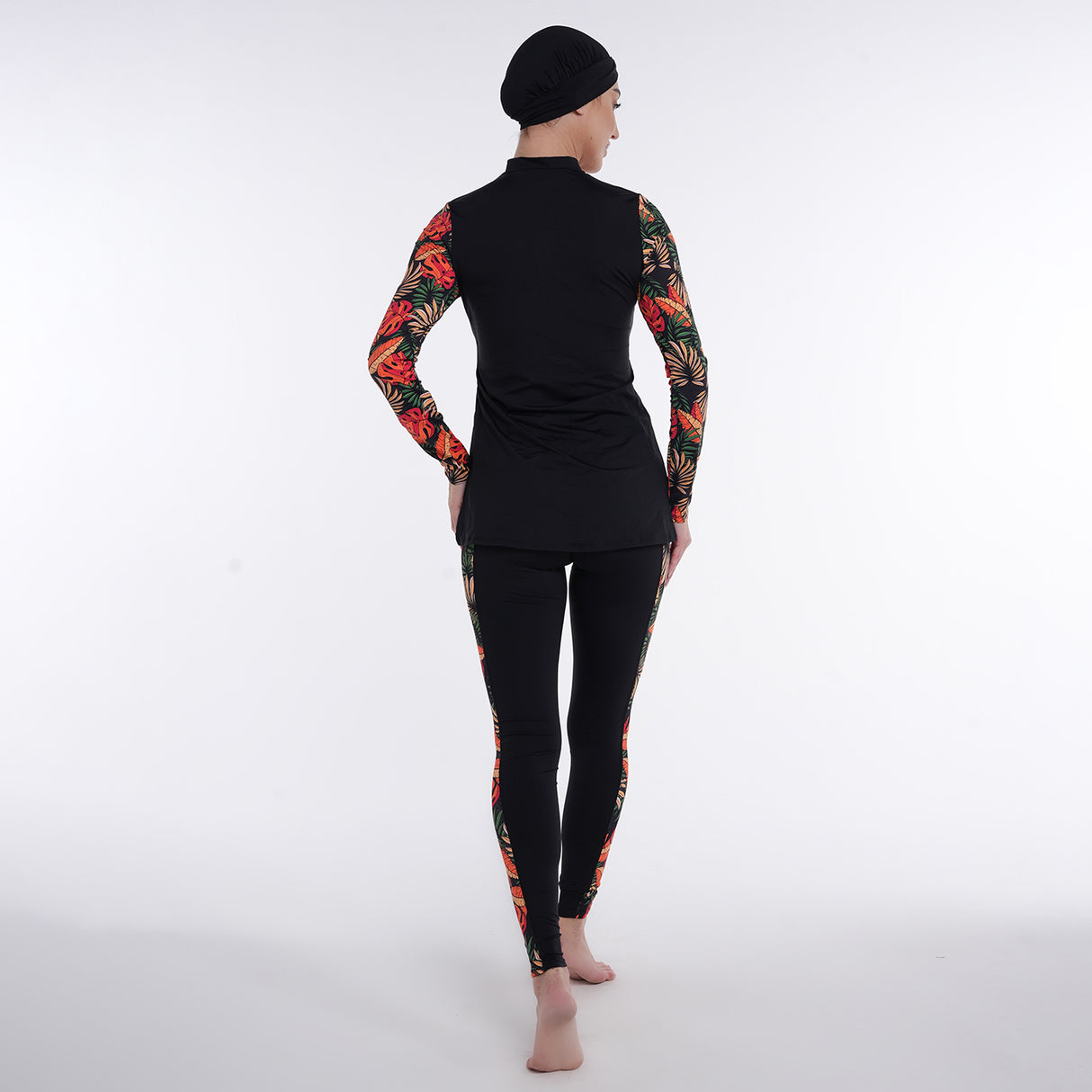Two Piece Burkini - Black/Red Floral Pattern