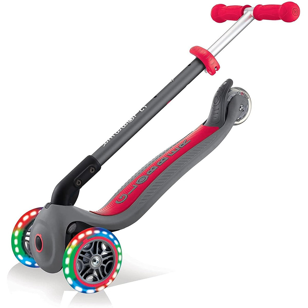 GLOBBER PRIMO FOLDABLE LIGHTS SCOOTER - RED/GREY