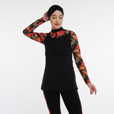 Two Piece Burkini - Black/Red Floral Pattern