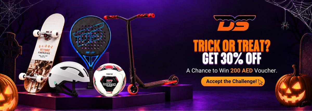 Dawson Sports mobile Halloween promotion banner with 30% off and 200 AED voucher challenge web banner
