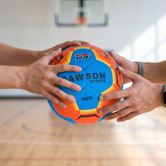 Hands holding a Dawson Sports football - Dawson team sports equipment UAE including volleyball basketball and rugby